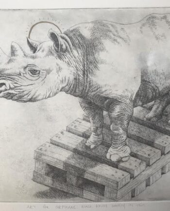 Art for Orphans: Black Rhino Waiting in Vain, Etching with Gold Pigment