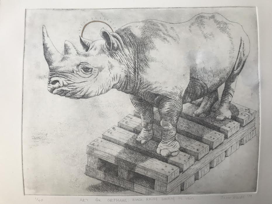 Art for Orphans: Black Rhino Waiting in Vain, Etching with Gold Pigment