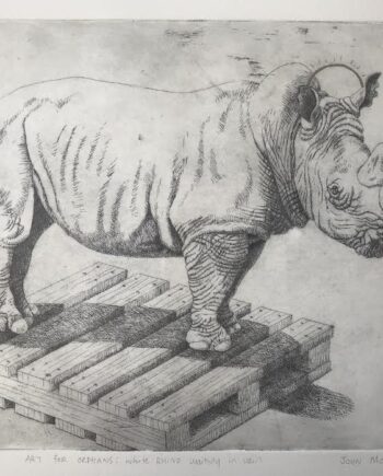 Art for Orphans: White Rhino Waiting in Vain, Etching with Gold Pigment