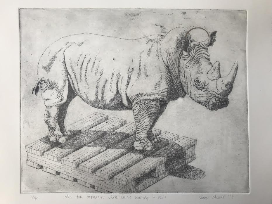 Art for Orphans: White Rhino Waiting in Vain, Etching with Gold Pigment